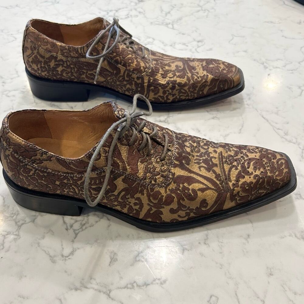 Paolo Iantorno Gold & Tan Floral Swirl Square Tip Dress Shoes Size 42/Mens 9